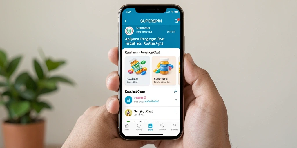 Tampilan antarmuka aplikasi Pengingat Obat SUPERSPIN yang user-friendly.